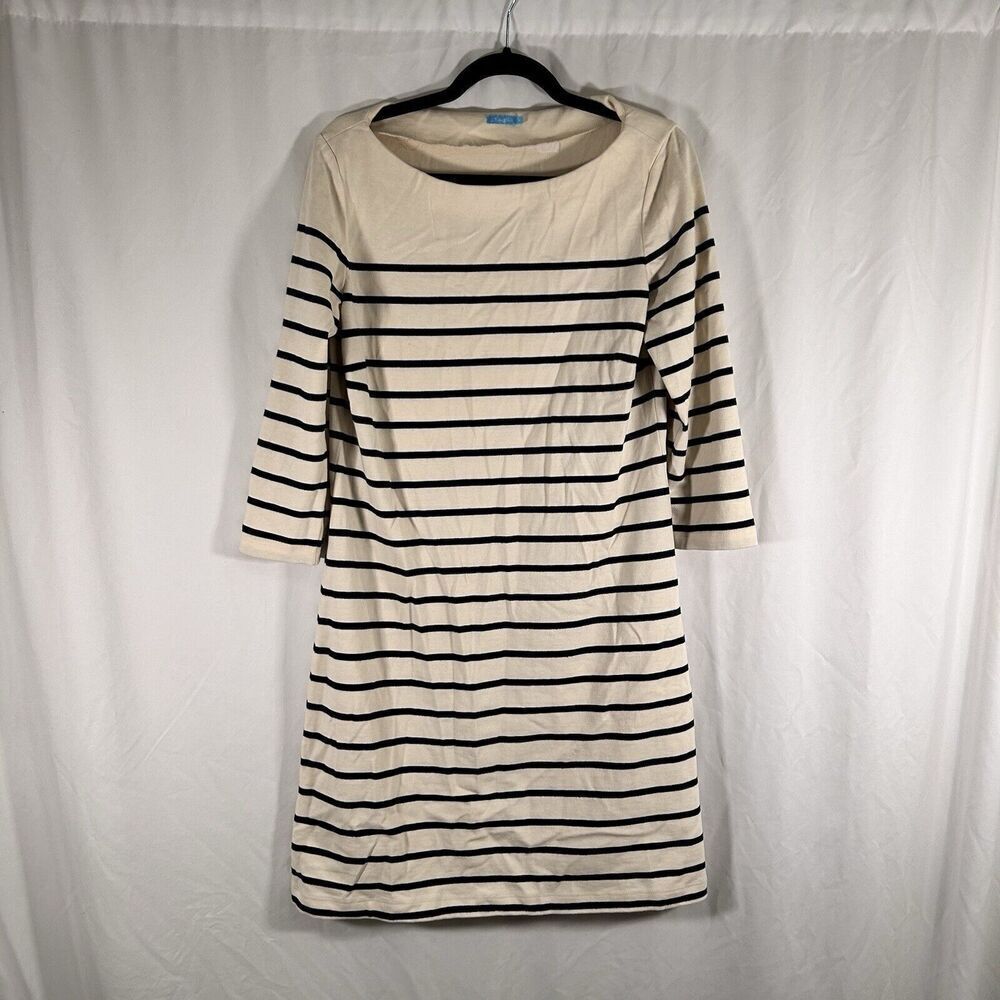 J Mclaughlin Dress Women's Medium White Black Striped 3/4 Sleeve 100% Cotton - Picture 1 of 11
